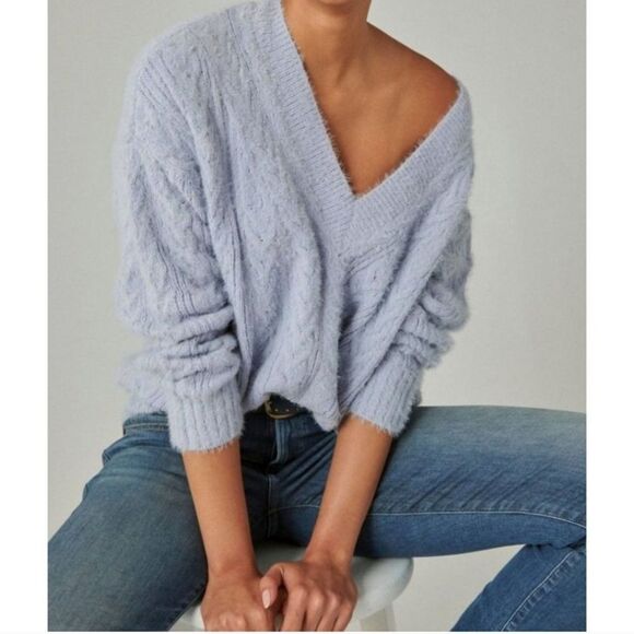 Lucky Brand V-Neck Relaxed Fit Eyelash Sweater softer-than-soft sz S blue cable - Picture 7 of 11